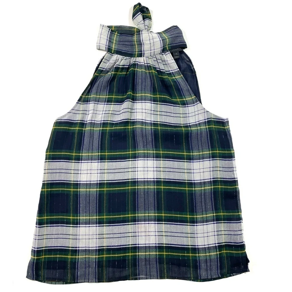 J Crew Tie Neck Halter Blouse Stewart Plaid  H3481